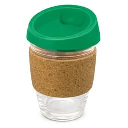 A drink bottle with a clear glass body, a cork band around the middle, and a green silicone lid.