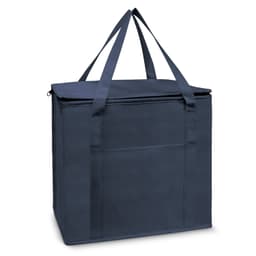 A navy cooler bag with dual handles and a zip closure, featuring a front pocket and a logo.