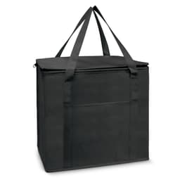 A black cooler bag with a zippered top and dual carrying handles, featuring a flat front pocket.