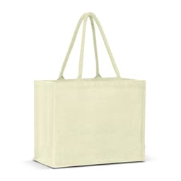 A light green jute tote bag with two handles and a minimalist design. It features a branding logo.