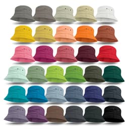 A collection of Bondi Bucket Hats in various colours, showcasing multiple styles and a logo on each hat.