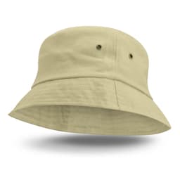 A light khaki Bondi Bucket Hat featuring a wide brim and two ventilation eyelets on the sides.