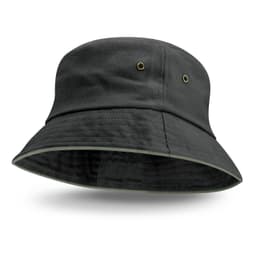 A black bucket hat with a coloured sandwich trim, featuring ventilation eyelets and a wide brim.