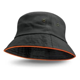 A black bucket hat with an orange sandwich trim and eyelet accents, featuring a branding logo.