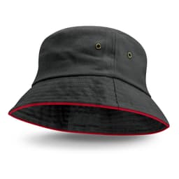A black bucket hat featuring a coloured red sandwich trim and two ventilation eyelets.