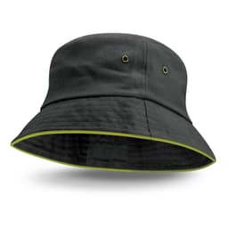 A black bucket hat with a coloured lime green trim and eyelets for ventilation. It features a circular design.