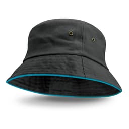 A black bucket hat featuring a coloured sandwich trim and eyelets for ventilation. It includes a logo.