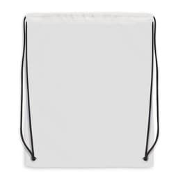 A white drawstring backpack with black straps and a simple design, featuring a small logo.