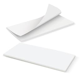 A horizontal notepad with a white cover and 50 blank leaves, featuring a simple design and a logo.