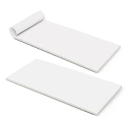 A vertical notepad with a white cover and 50 blank leaves, featuring a rolled edge and a plain design.