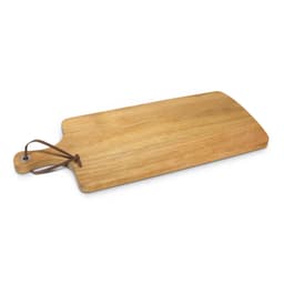 A wooden chopping board with a leather hanging loop, featuring a natural finish and smooth surface.