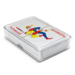 A clear plastic box containing Saloon Playing Cards with a colourful jester illustration on the front.