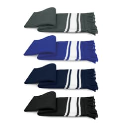A collection of scarves in dark green, blue, navy, and black, featuring striped patterns and fringed edges.