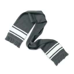 A grey scarf with white stripes and fringed ends, featuring a logo.