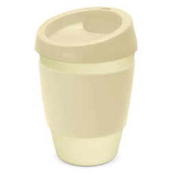 A drink bottle in a soft beige colour, featuring a curved lid and textured body, with a logo displayed.
