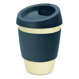 A drink bottle with a dark blue lid and sleeve, featuring a light beige body and a logo.