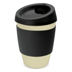 A drink bottle made from bamboo, featuring a black lid and a two-tone design of black and cream. It has a logo.