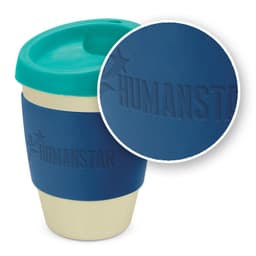A drink bottle featuring a cream body with a teal lid and a blue silicone grip. It has a logo on the grip.