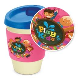 A drink bottle with a blue lid and pink sleeve featuring colourful illustrations of children and a logo.