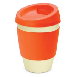 A drink bottle featuring a bright orange exterior and a beige base, with a secure, spill-proof lid. There is a logo present.