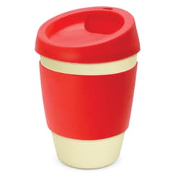 A drink bottle featuring a red lid and sleeve, with a beige body. It has a logo on the surface.
