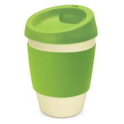 A drink bottle with a green silicone lid and sleeve, featuring a cream-coloured base and a logo.