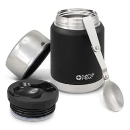 A drink bottle in black and silver, featuring a spoon and a lid, with a branding logo.