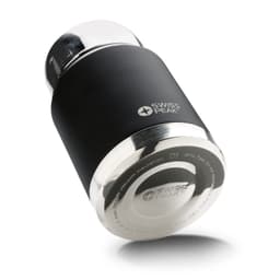 A drink bottle in matte black with a silver stainless steel top and a logo displayed on the body.