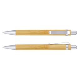 A bamboo pen with silver accents, featuring a sleek design and a clip for attachment.
