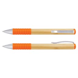 A bamboo twist pen with orange rubber grips and silver accents. It features a clip and smooth writing tip.