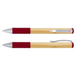 A bamboo twist pen with a natural wooden body and red rubber grip, featuring silver accents and a clip.