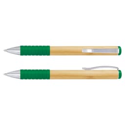 A bamboo twist pen with a wooden texture, green rubber grip, and silver metal accents. It features a logo.