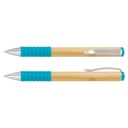 A bamboo twist pen featuring a turquoise grip and silver accents, with a metal clip for convenience.