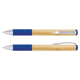 A bamboo twist pen featuring a blue grip and silver accents. The pen has branding visible.