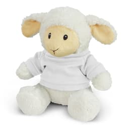 A soft, white lamb plush toy with beige ears, wearing a white long-sleeve shirt, sitting upright.