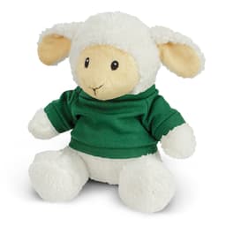 A fluffy lamb plush toy with cream fur and a green shirt, featuring soft ears and a friendly expression.