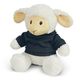 A plush lamb toy with cream and white fur, wearing a dark sweatshirt. It has soft ears and a friendly face.