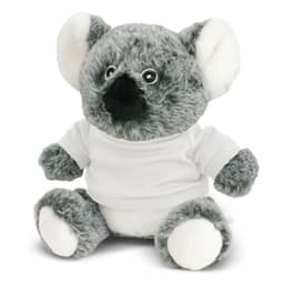 A grey koala plush toy with white accents, wearing a plain white shirt. It has large eyes and a friendly expression.