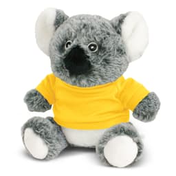 A grey koala plush toy wearing a yellow shirt, featuring large ears and a fluffy texture.