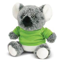 A grey koala plush toy wearing a green shirt, featuring large ears and a cute face, with a logo on its shirt.