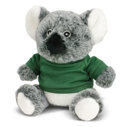 A grey koala plush toy wearing a green shirt, featuring large ears and a cute expression. It has a logo on its shirt.