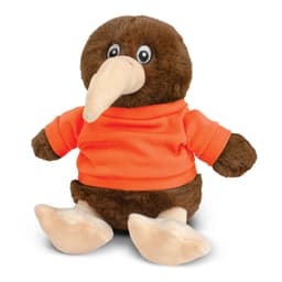 A brown kiwi plush toy wearing an orange shirt, with large eyes and a beige beak, sitting upright.