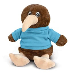 A brown kiwi plush toy wearing a blue shirt, featuring large feet and wide eyes, with a logo on its chest.