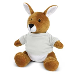 A brown kangaroo plush toy wearing a white shirt, sitting upright with large ears and a friendly expression.