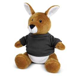 A brown kangaroo plush toy with a white belly, wearing a dark grey shirt. It has large ears and a friendly face.