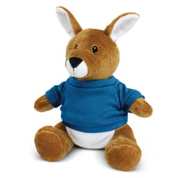 A brown kangaroo plush toy wearing a blue shirt, sitting upright with white detailing on its belly and ears.