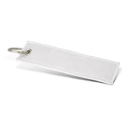 A woven key ring in white, featuring a circular metal attachment for keys. Simple and plain design.