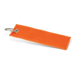 An orange woven key ring with a metal ring attachment. The fabric is smooth and rectangular.