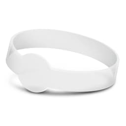A white silicone wristband with a debossed section and a seamless design. It features a logo.