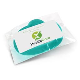 A teal silicone wristband packaged in a clear plastic bag, featuring a branding logo on the front.